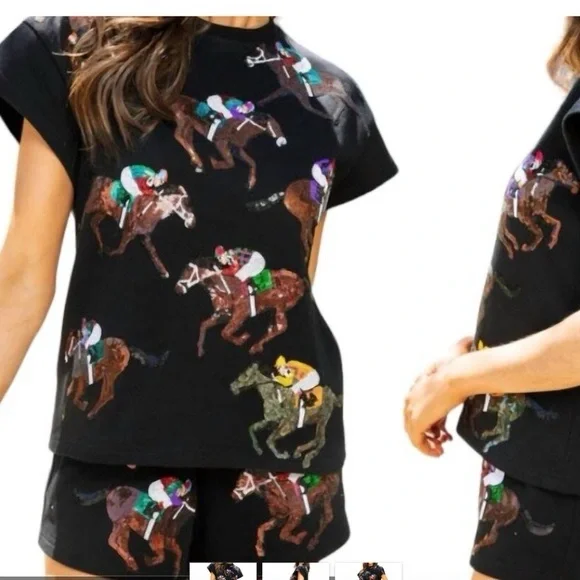 Queen of sparkles NWT XS Black Horse Racing jockey derby Sequin Shirt - Picture 5 of 5